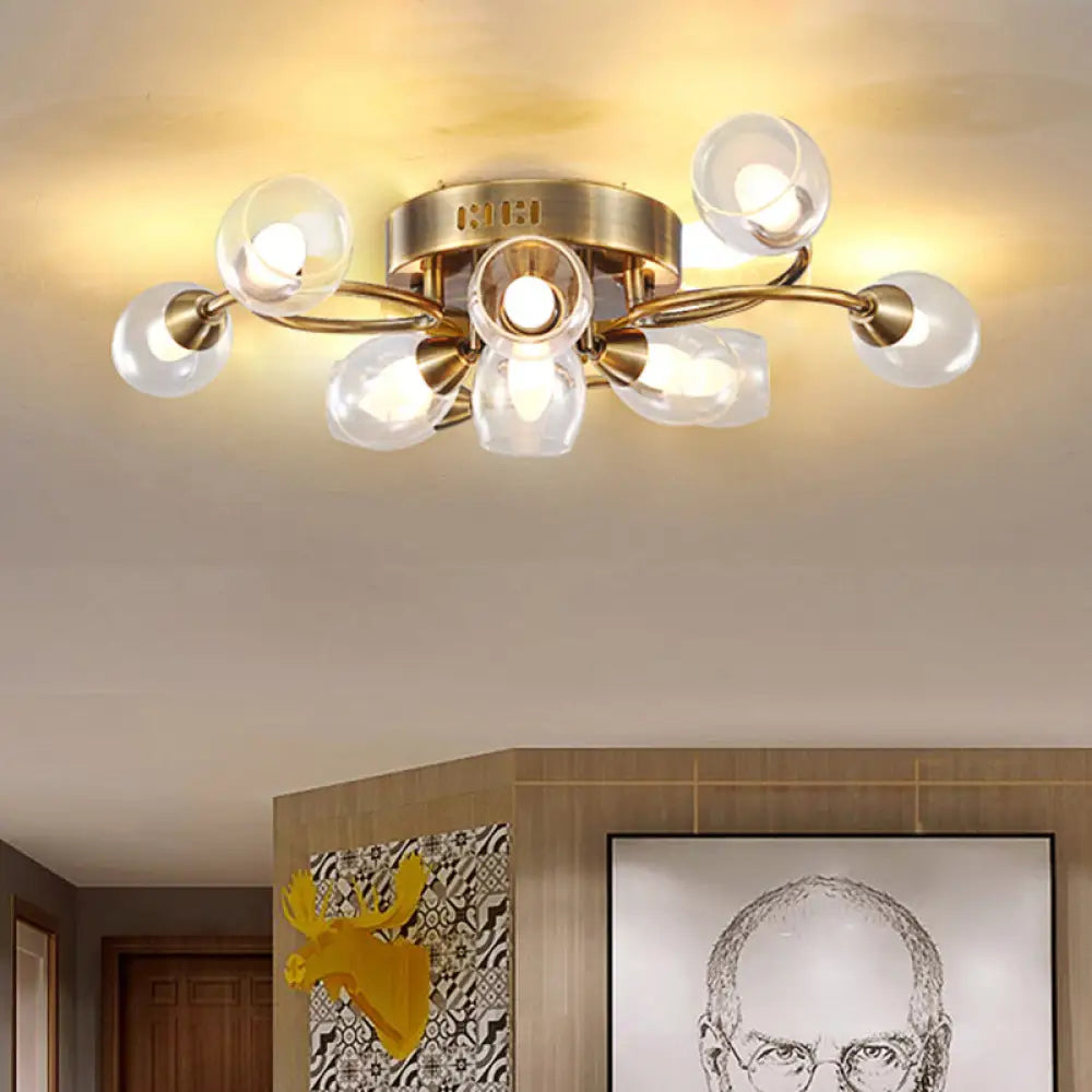 Modern Gold Ceiling Light Fixture With 10 Clear Glass Shades