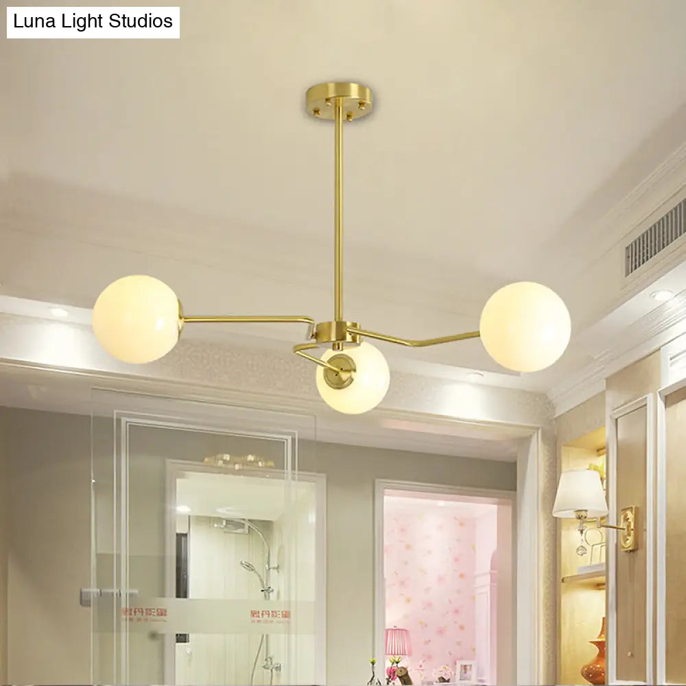 Modern Gold Ceiling Light With White Glass Shade - 3 Bulbs Semi Flush Mounted For Bedroom