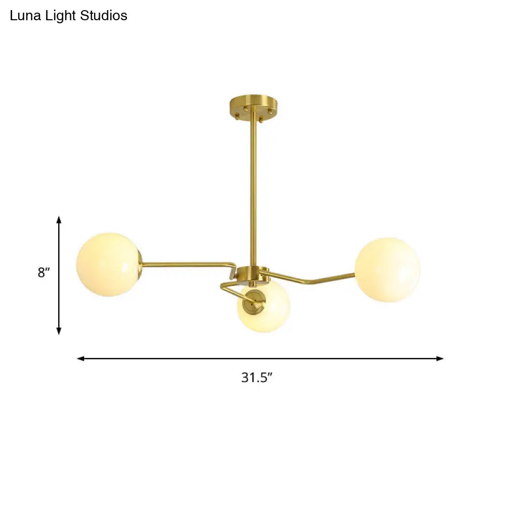 Modern Gold Ceiling Light With White Glass Shade - 3 Bulbs Semi Flush Mounted For Bedroom