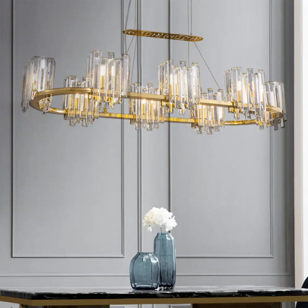 Modern Gold Ceiling Pendant Lamp With Clear Crystal Icicle Shade 8 Bulbs Oval Design