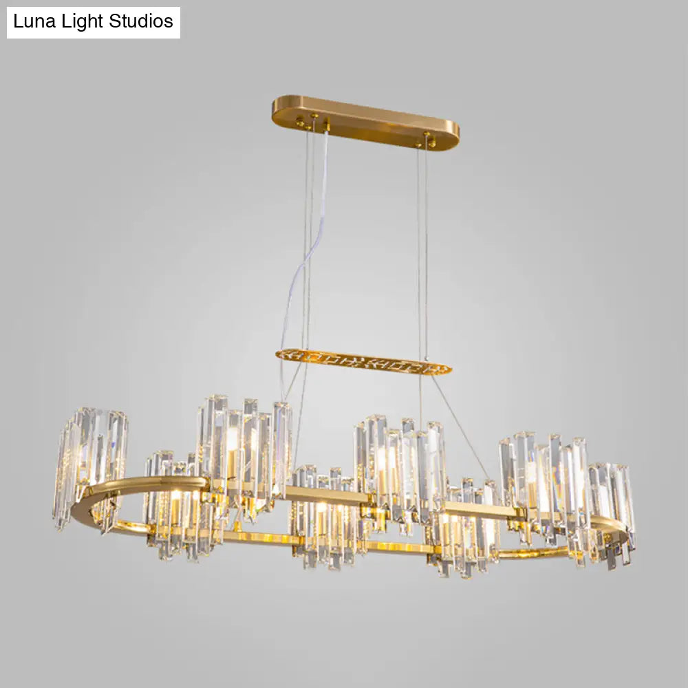 Modern Gold Ceiling Pendant Lamp With Clear Crystal Icicle Shade 8 Bulbs Oval Design