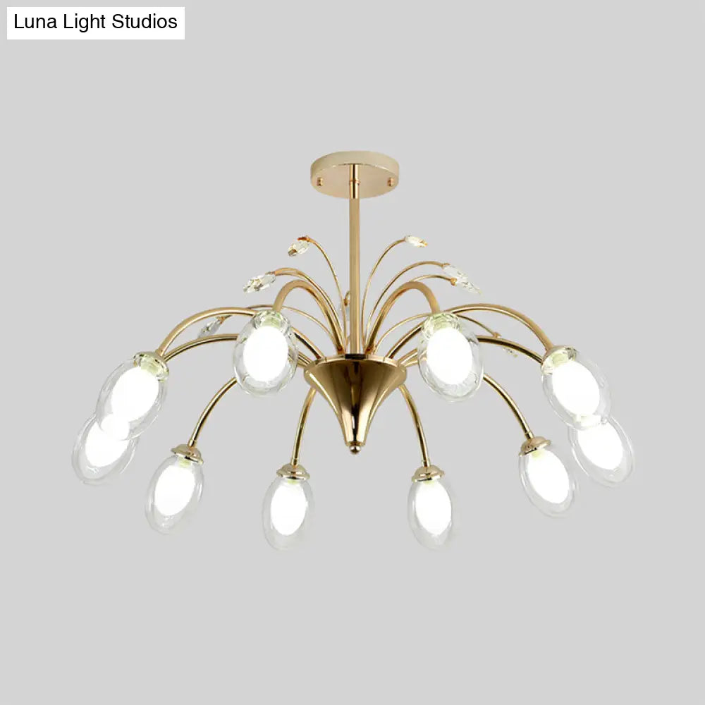 Modern Gold Chandelier Lamp With Oval Glass Shades - 6/8/10 Head Ceiling Light