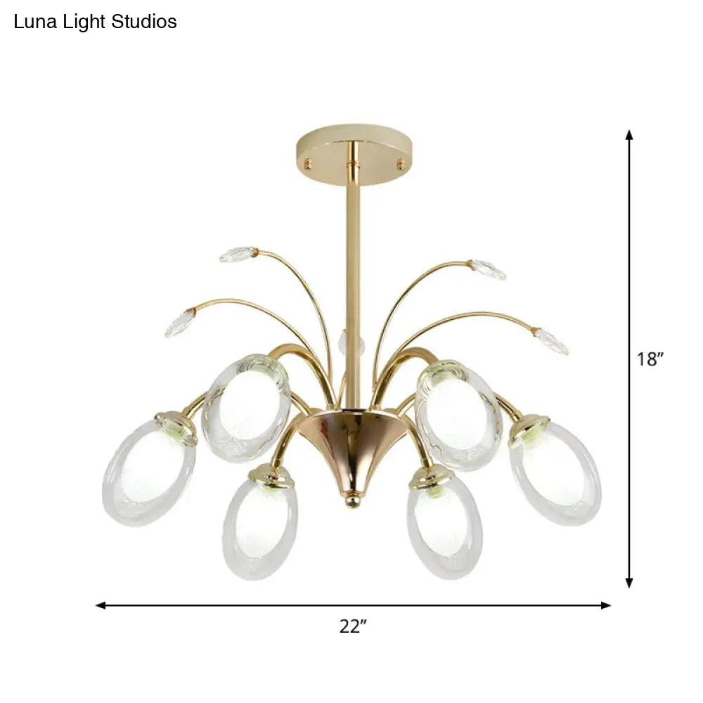 Modern Gold Chandelier Lamp With Oval Glass Shades - 6/8/10 Head Ceiling Light