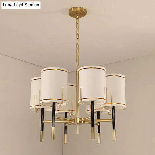 Modern Gold Chandelier Light Fixture - Cylindrical Fabric Ceiling Lighting For Living Room