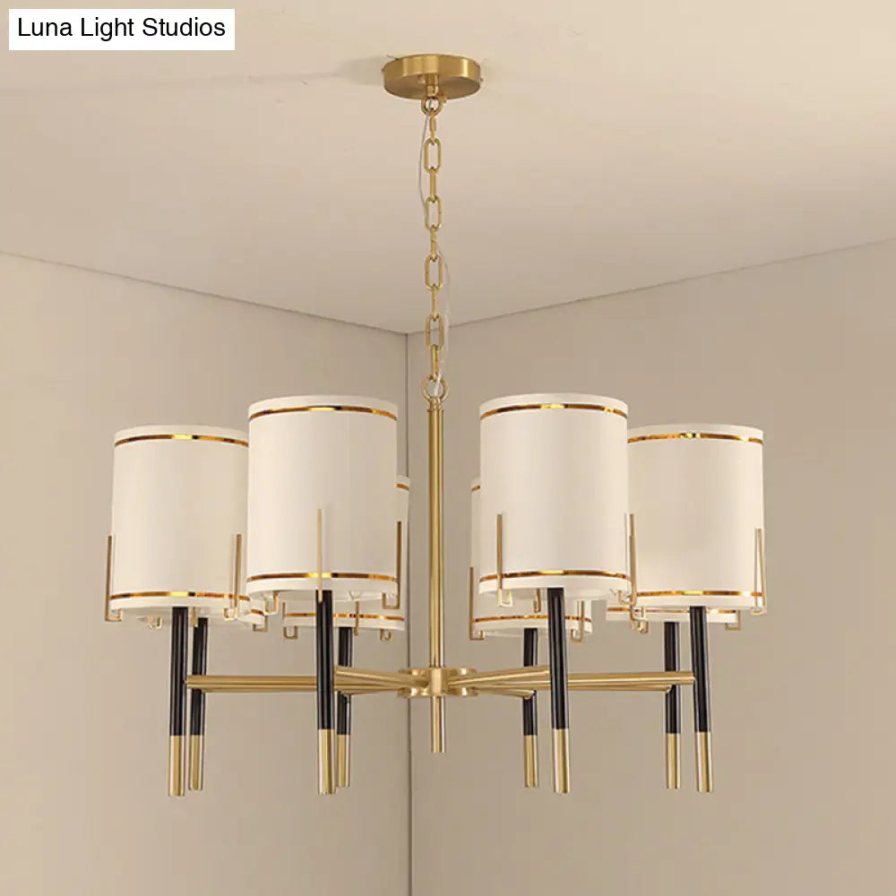 Modern Gold Chandelier Light Fixture - Cylindrical Fabric Ceiling Lighting For Living Room