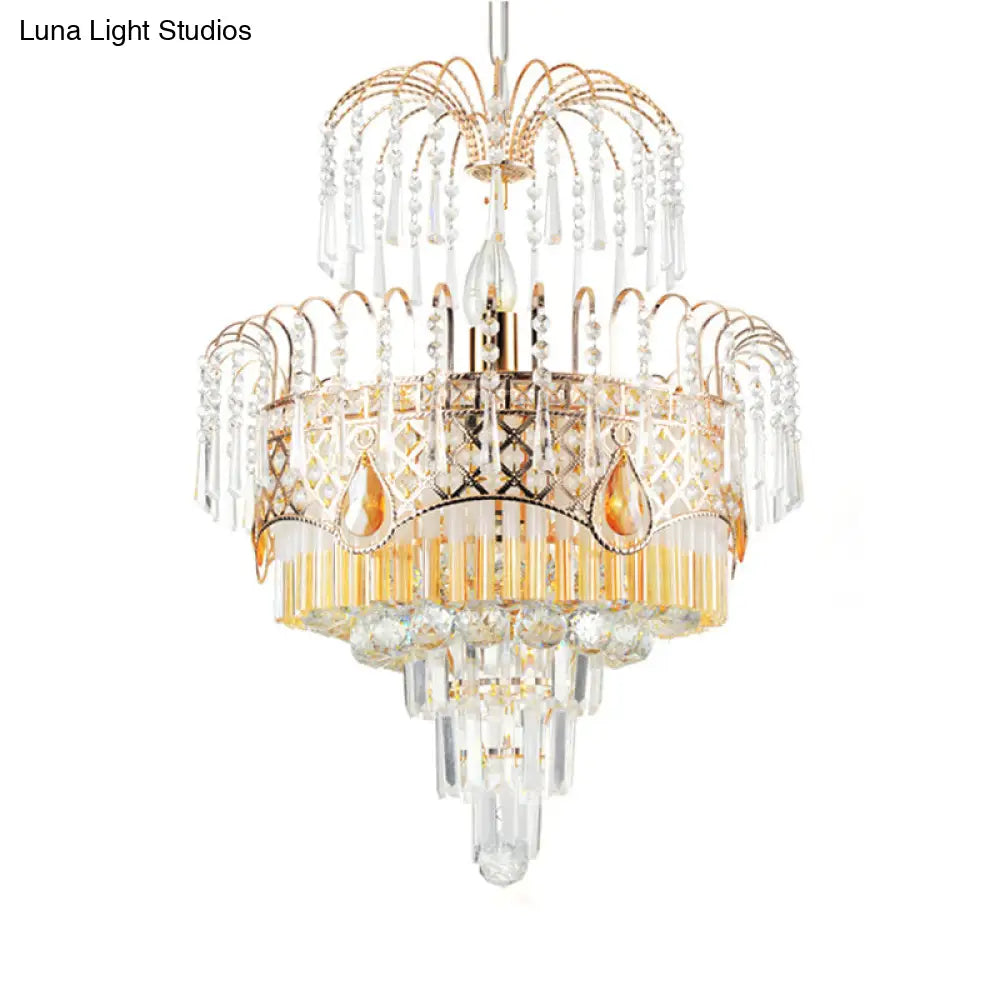 Modern Gold Chandelier Light With Layered Crystal Shade - 3/7 Lights Dining Room Ceiling Lamp