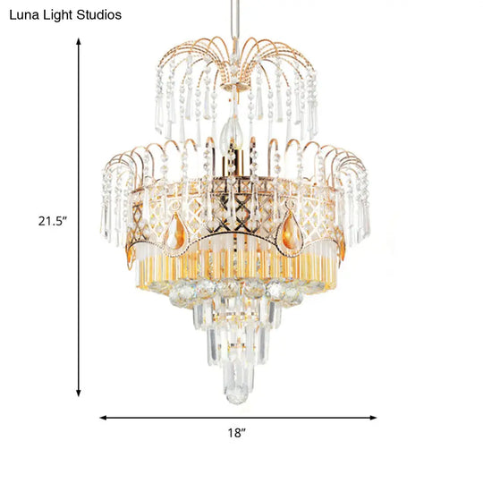 Modern Gold Chandelier Light With Layered Crystal Shade - 3/7 Lights 18’/19.5’ Wide Dining Room