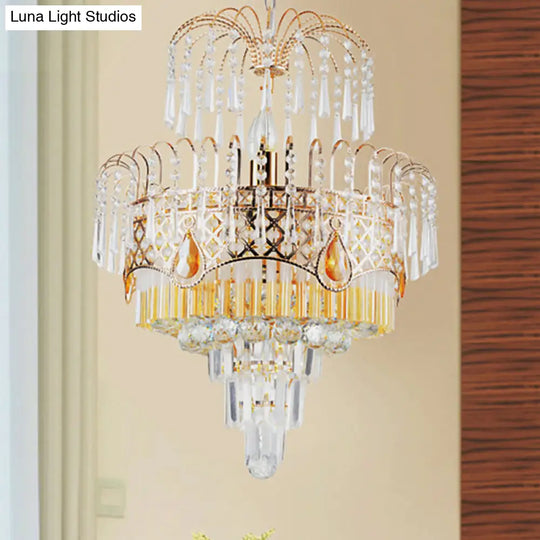 Modern Gold Chandelier Light With Layered Crystal Shade - 3/7 Lights Dining Room Ceiling Lamp