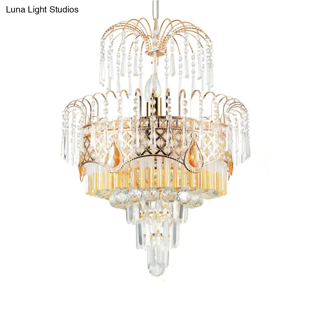 Modern Gold Chandelier Light With Layered Crystal Shade - 3/7 Lights 18’/19.5’ Wide Dining Room