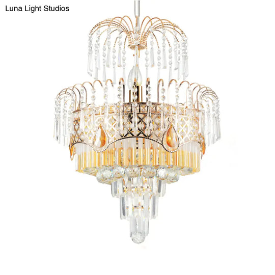 Modern Gold Chandelier Light With Layered Crystal Shade - 3/7 Lights 18’/19.5’ Wide Dining Room