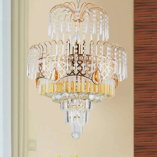 Modern Gold Chandelier Light With Layered Crystal Shade - 3/7 Lights 18’/19.5’ Wide Dining Room