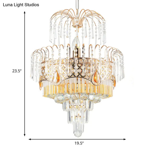 Modern Gold Chandelier Light With Layered Crystal Shade - 3/7 Lights 18’/19.5’ Wide Dining Room