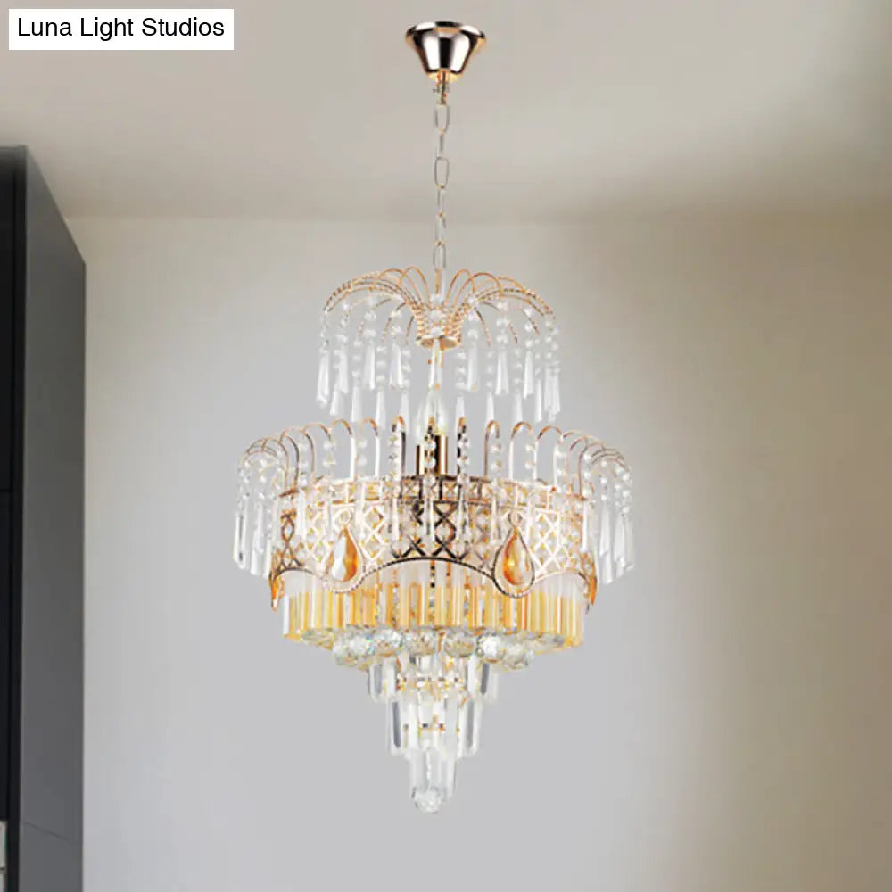 Modern Gold Chandelier Light With Layered Crystal Shade - 3/7 Lights 18’/19.5’ Wide Dining Room