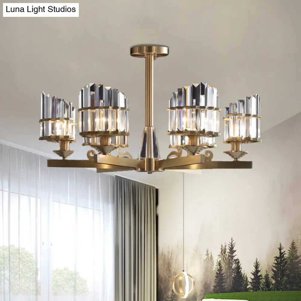 Modern Gold Chandelier With Crystal Block Shades And Radial Pendant Lights - 3/6 Bulbs 6 /