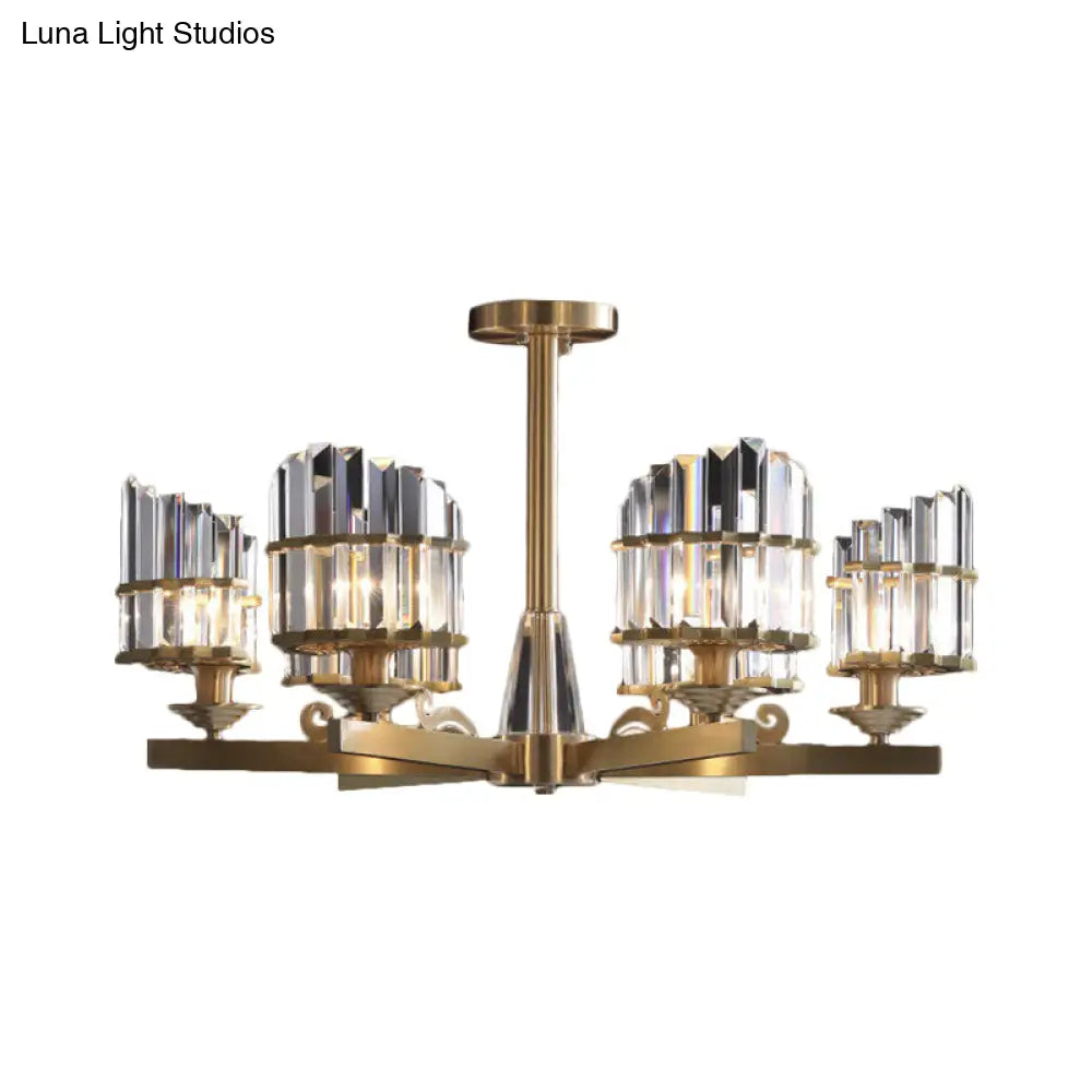 Modern Gold Chandelier With Crystal Block Shades And Radial Pendant Lights - 3/6 Bulbs
