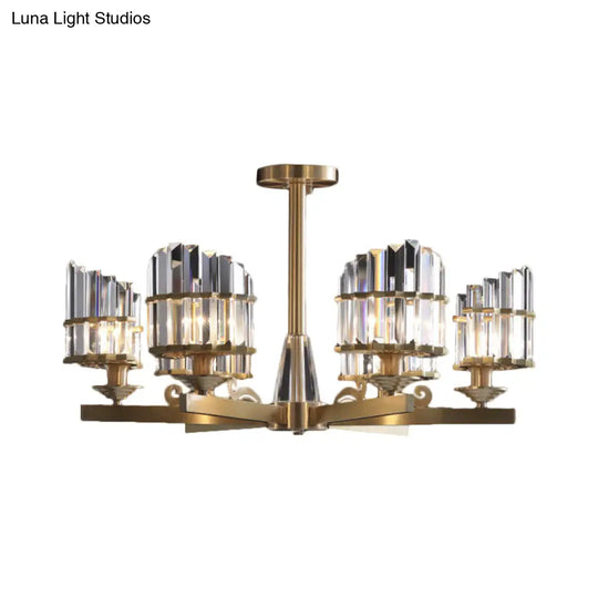 Modern Gold Chandelier With Crystal Block Shades And Radial Pendant Lights - 3/6 Bulbs