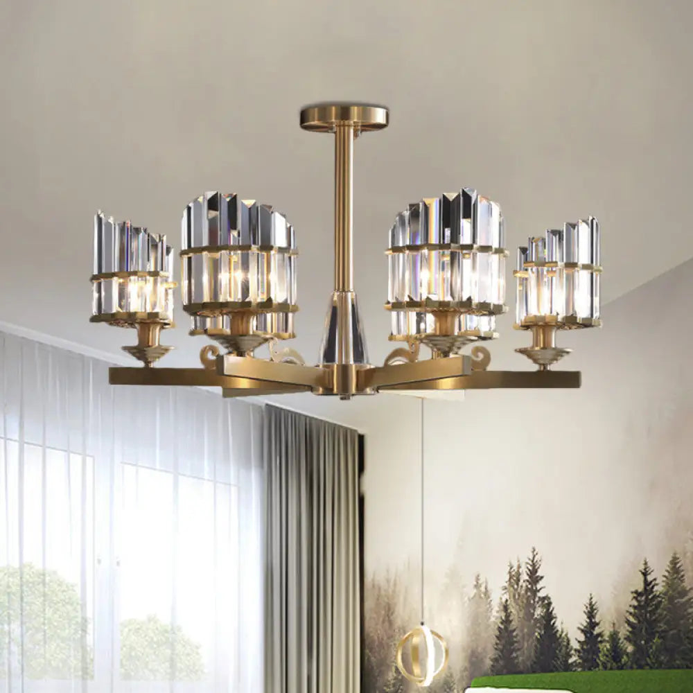 Modern Gold Chandelier With Crystal Block Shades And Radial Pendant Lights - 3/6 Bulbs 6 /