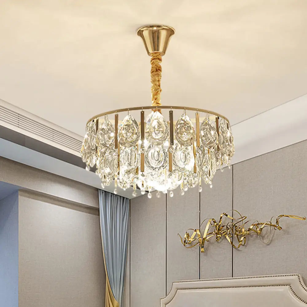 Modern Gold Chandelier With Faceted Crystal Teardrops - 3/4 Heads Cone Design 3 /