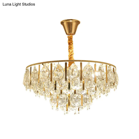 Modern Gold Chandelier With Faceted Crystal Teardrops - 3/4 Heads Cone Design