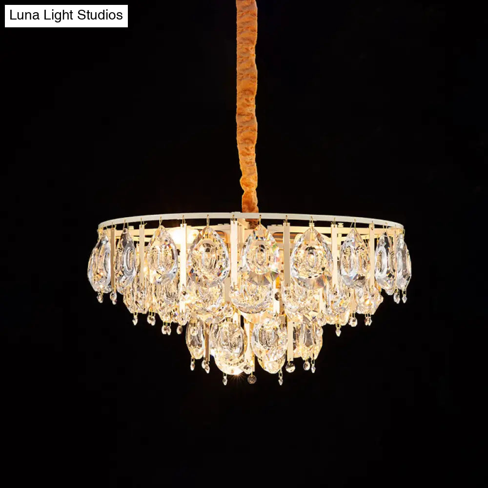 Modern Gold Chandelier With Faceted Crystal Teardrops - 3/4 Heads Cone Design