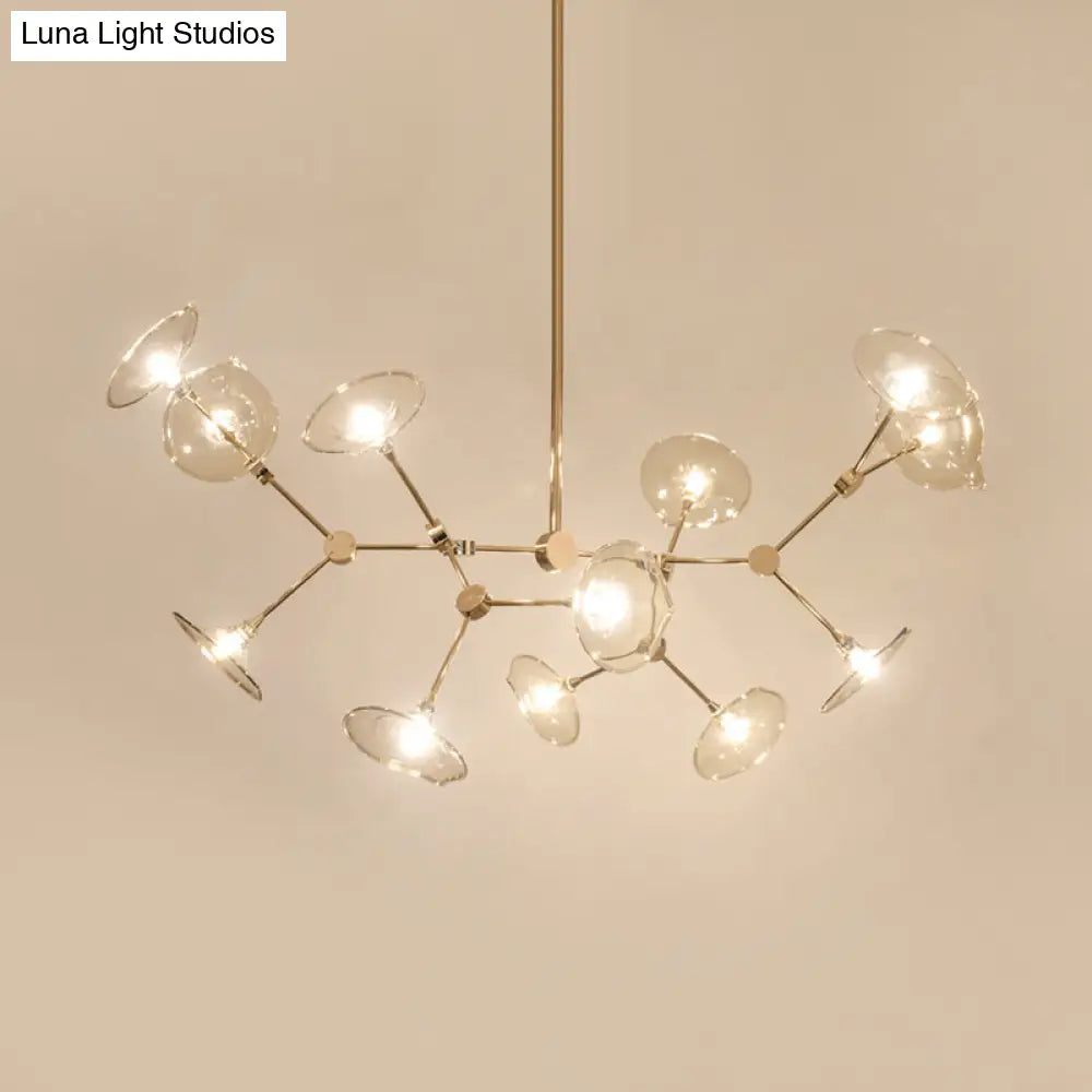 Modern Gold Chandelier With Flared Cognac Glass Shades - 12 Heads Pendant Light For Living Room