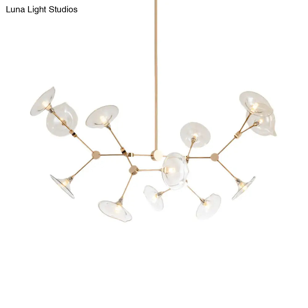 Modern Gold Branched Chandelier With Cognac Glass Shades 12 Heads Pendant Light For Living Room