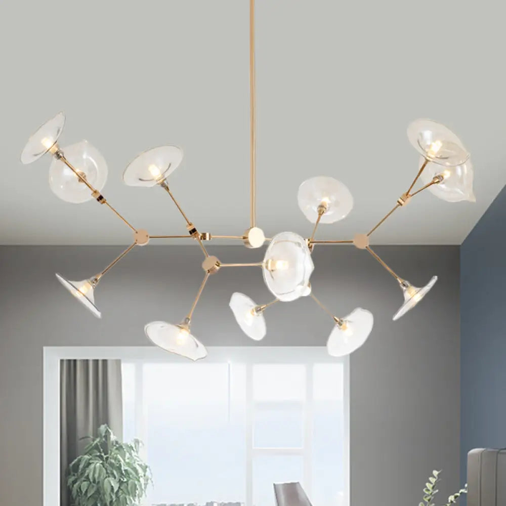 Modern Gold Chandelier With Flared Cognac Glass Shades - 12 Heads Pendant Light For Living Room