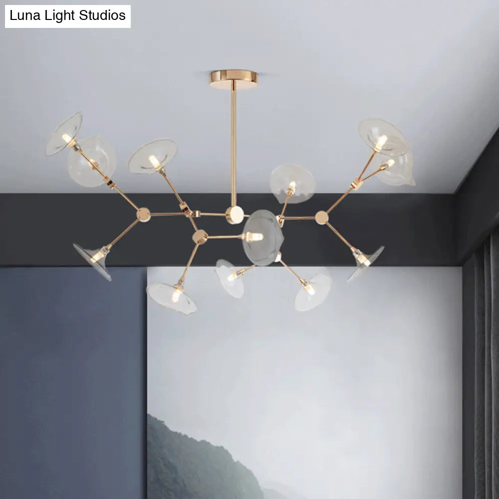 Modern Gold Branched Chandelier With Cognac Glass Shades 12 Heads Pendant Light For Living Room