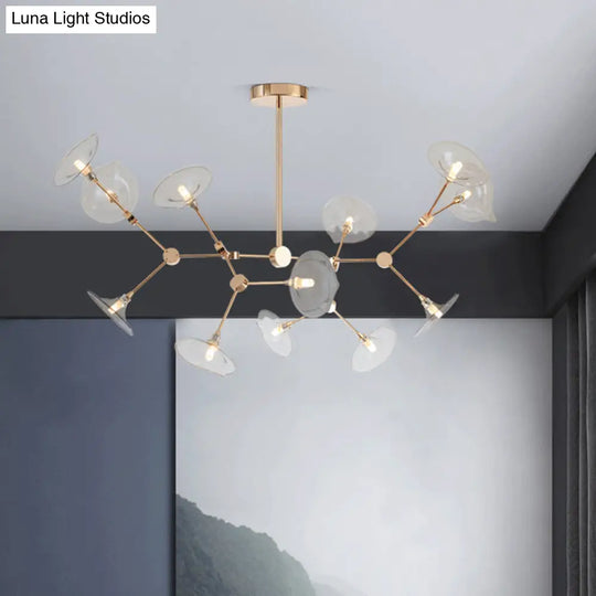 Modern Gold Chandelier With Flared Cognac Glass Shades - 12 Heads Pendant Light For Living Room