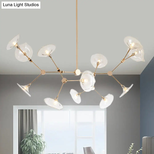 Modern Gold Branched Chandelier With Cognac Glass Shades 12 Heads Pendant Light For Living Room