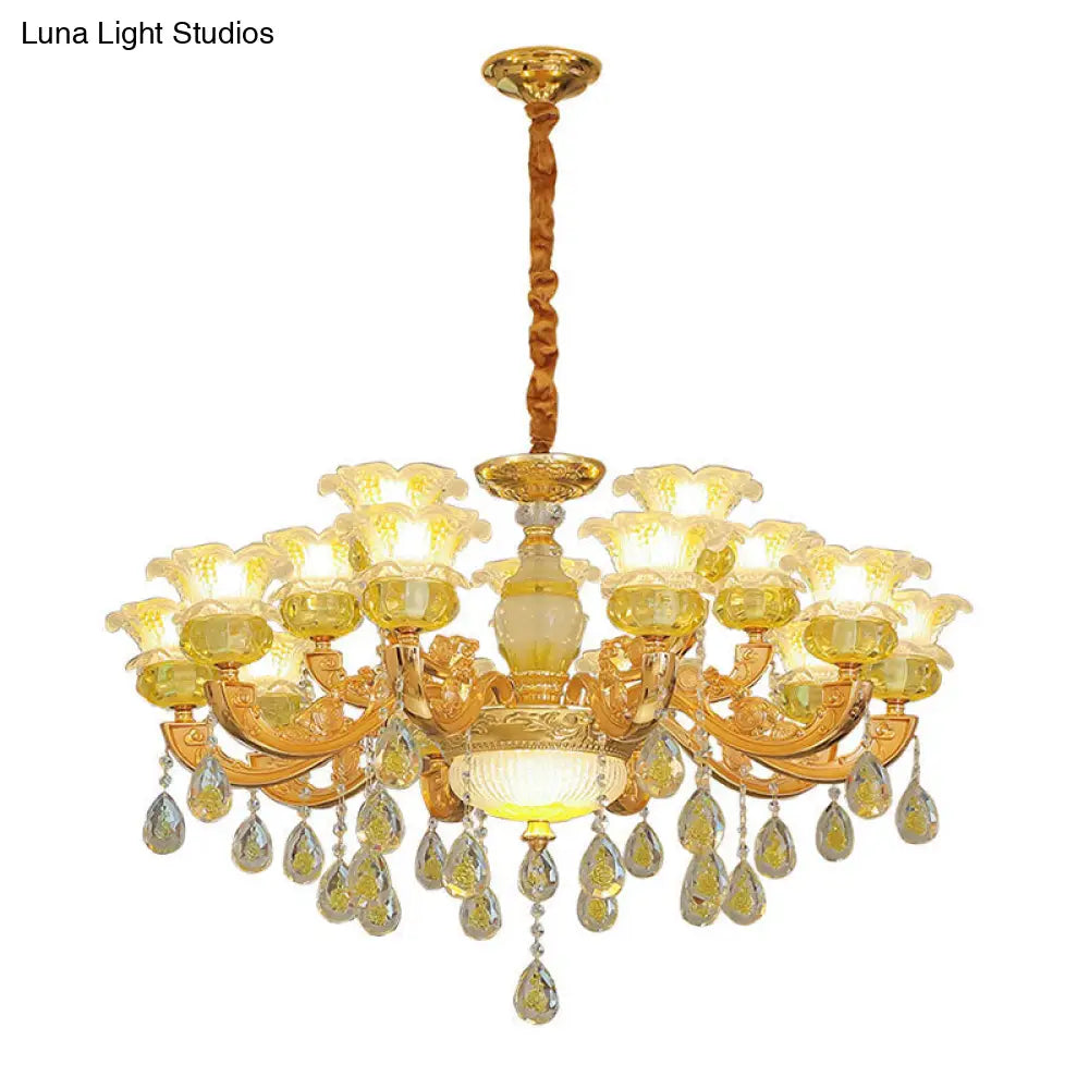 Modern Gold Chandelier With Floral K9 Crystal Drops For Bedroom Lighting