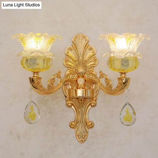 Contemporary Gold Chandelier - Floral K9 Crystal Drop Lamp For Bedroom 2 /