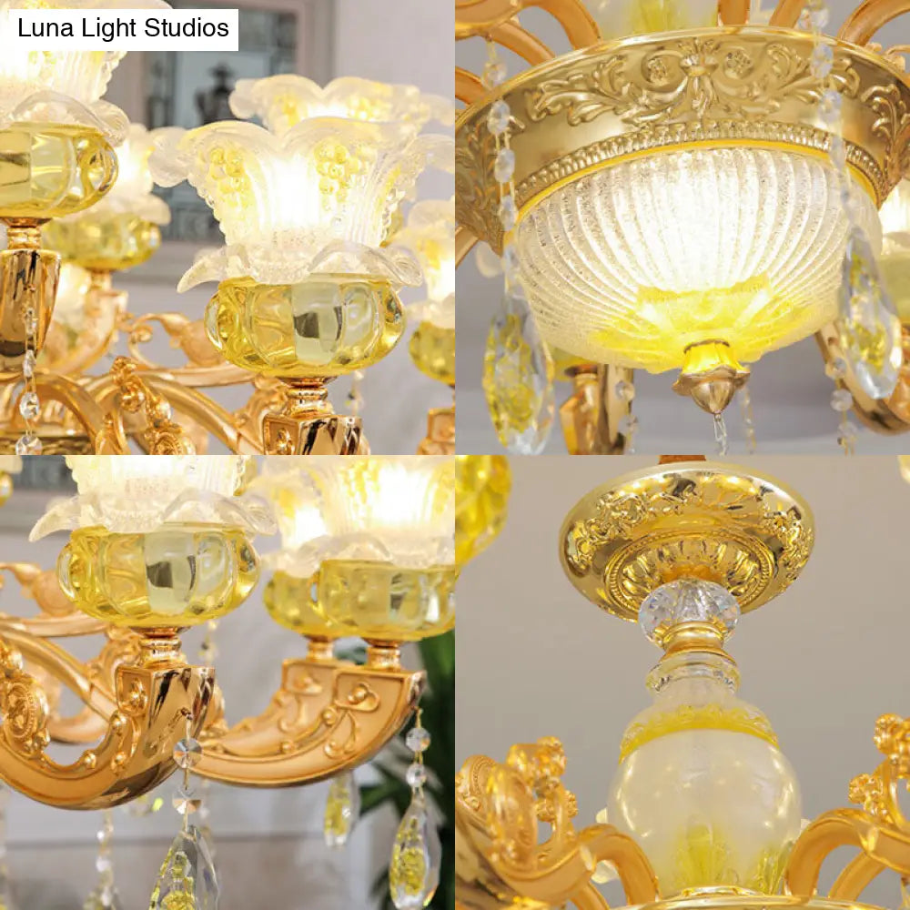 Modern Gold Chandelier With Floral K9 Crystal Drops For Bedroom Lighting