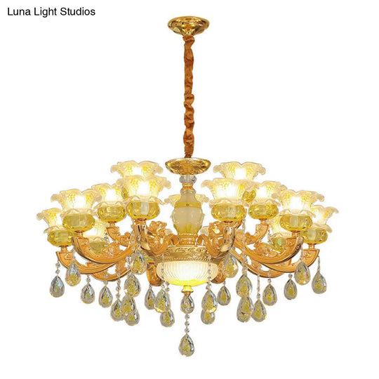 Contemporary Gold Chandelier - Floral K9 Crystal Drop Lamp For Bedroom