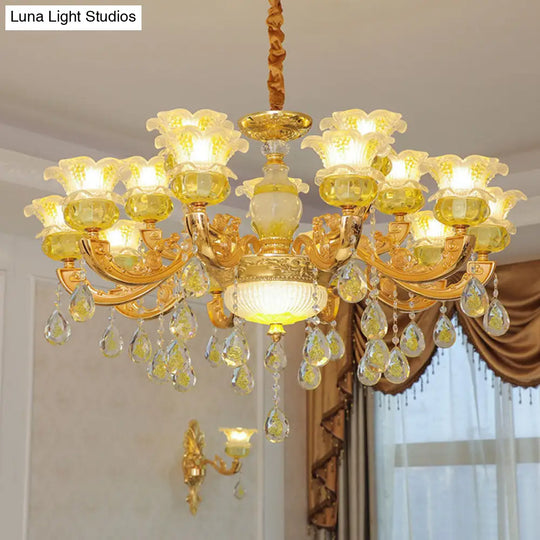 Modern Gold Chandelier With Floral K9 Crystal Drops For Bedroom Lighting