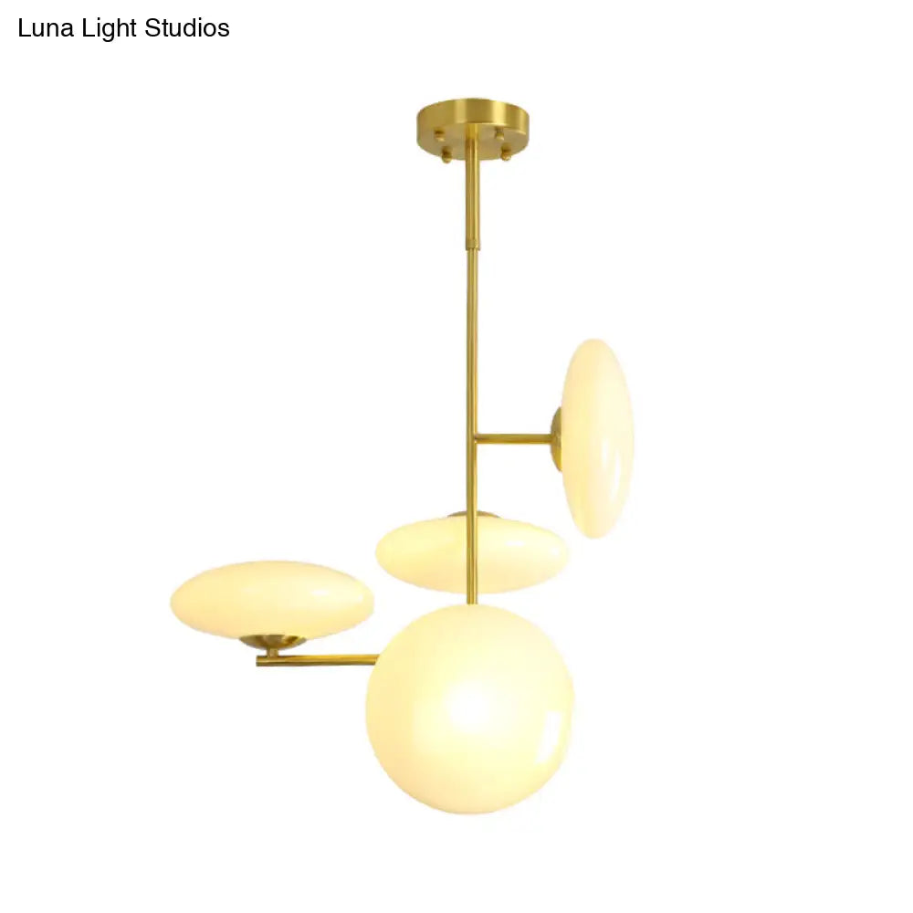 Modern Gold Ceiling Chandelier Hanging Light Fixture With Opal Glass Shades - 4 Heads For Living