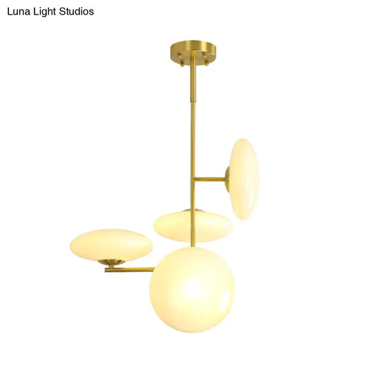 Modern Gold Ceiling Chandelier Hanging Light Fixture With Opal Glass Shades - 4 Heads For Living