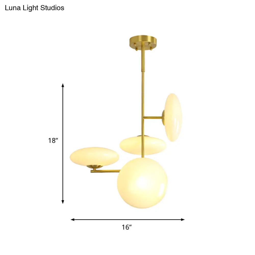 Modern Gold Ceiling Chandelier Hanging Light Fixture With Opal Glass Shades - 4 Heads For Living