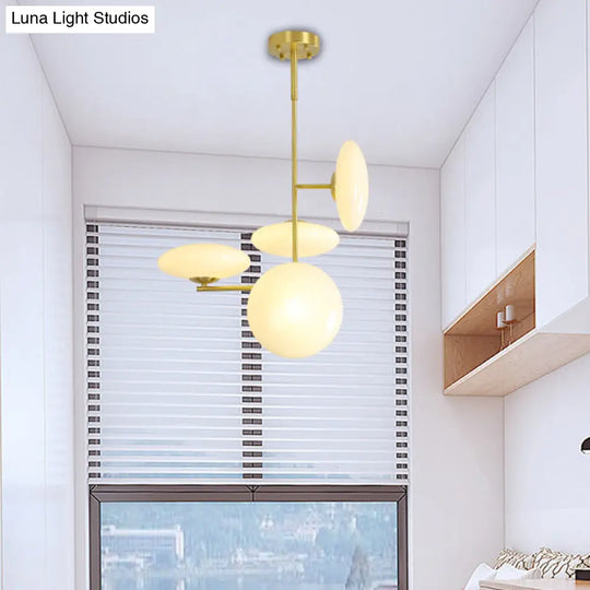 Modern Gold Ceiling Chandelier Hanging Light Fixture With Opal Glass Shades - 4 Heads For Living