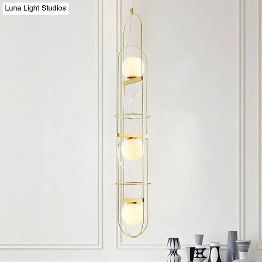 Modern Gold Chandelier Light: White Glass Sphere 3-Head Ceiling Pendant With Oval Metal Frame