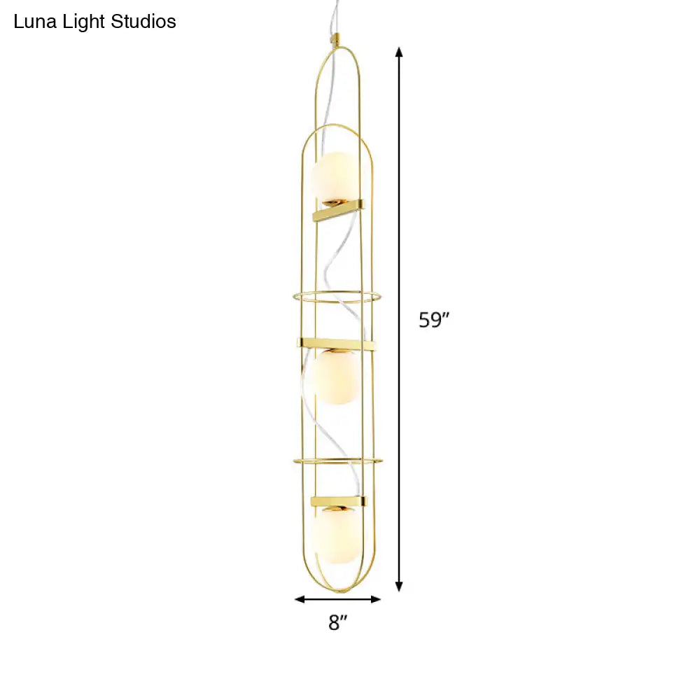 Modern Gold Chandelier With Oval Metal Frame - White Glass Sphere Ceiling Light (3 Heads)