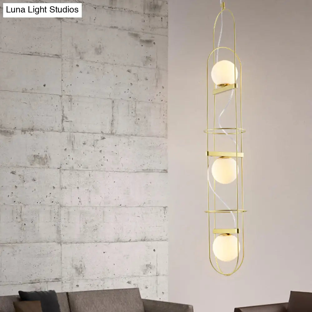 Modern Gold Chandelier Light: White Glass Sphere 3-Head Ceiling Pendant With Oval Metal Frame