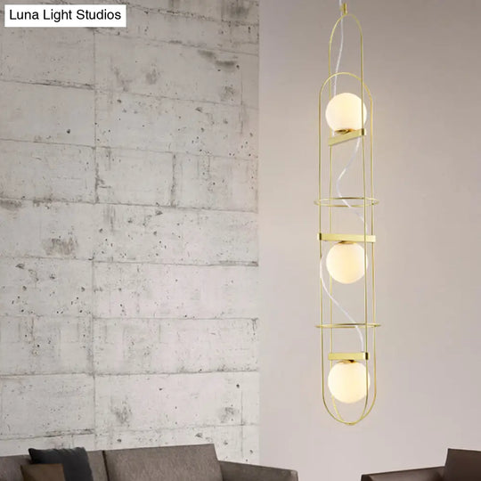 Modern Gold Chandelier Light: White Glass Sphere 3-Head Ceiling Pendant With Oval Metal Frame