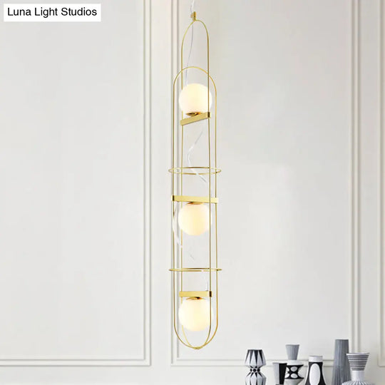 Modern Gold Chandelier With Oval Metal Frame - White Glass Sphere Ceiling Light (3 Heads)