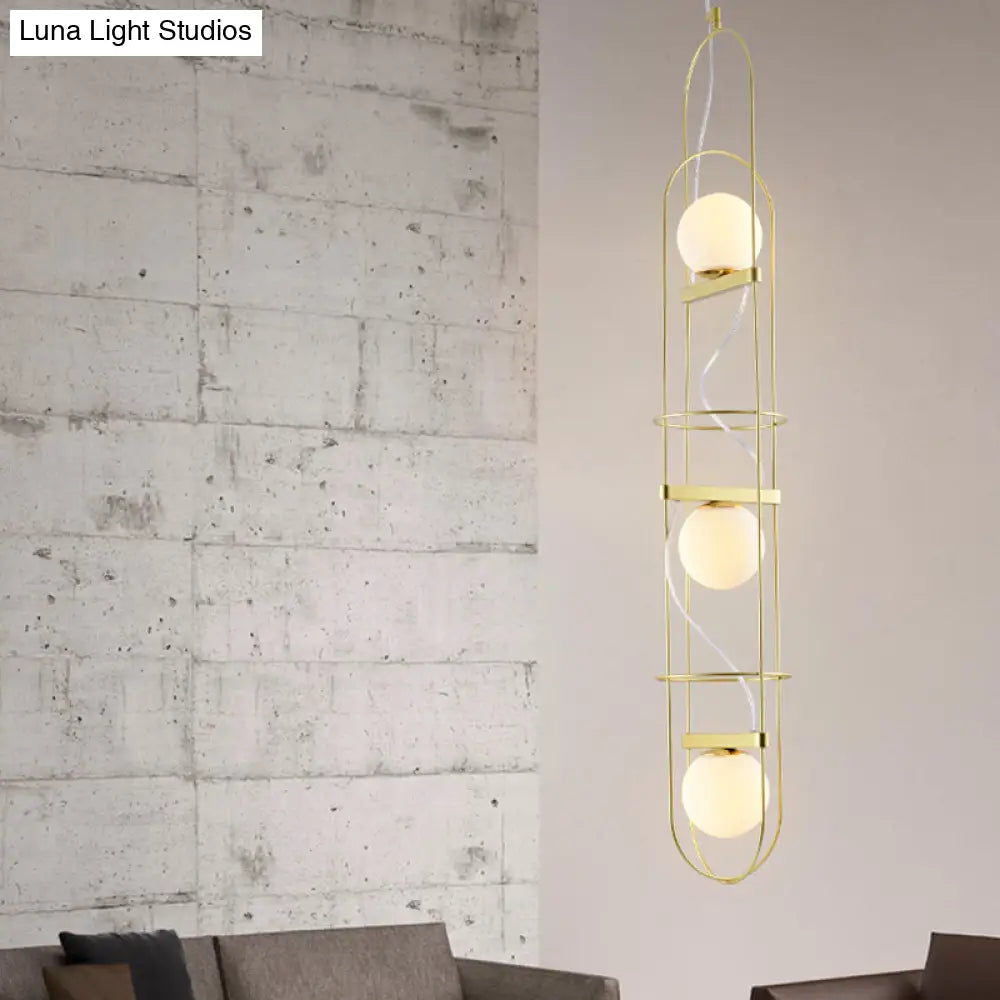 Modern Gold Chandelier With Oval Metal Frame - White Glass Sphere Ceiling Light (3 Heads)