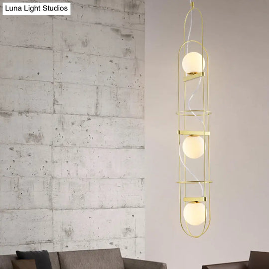 Modern Gold Chandelier With Oval Metal Frame - White Glass Sphere Ceiling Light (3 Heads)