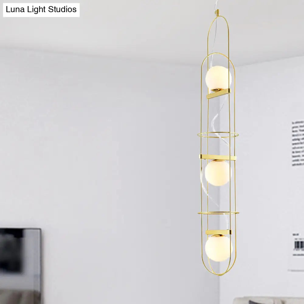 Modern Gold Chandelier Light: White Glass Sphere 3-Head Ceiling Pendant With Oval Metal Frame