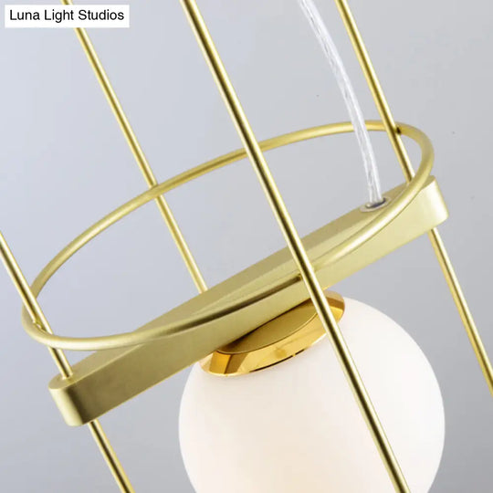 Modern Gold Chandelier Light: White Glass Sphere 3-Head Ceiling Pendant With Oval Metal Frame