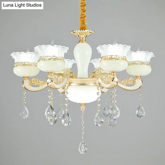 Modern Gold Chandelier With White Glass Shade For Bedroom Ceiling - 6 Head Pendant Ruffle-Edge Jar