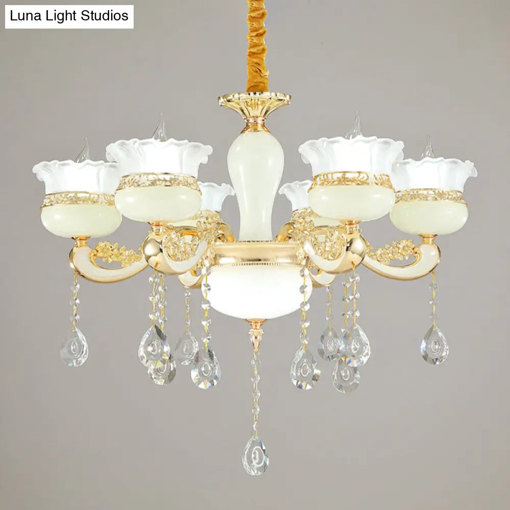 Modern Gold Chandelier With White Glass Shade For Bedroom Ceiling - 6 Head Pendant Ruffle-Edge Jar